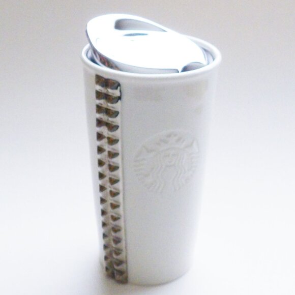 Starbucks Other - Starbucks 2014 White Ceramic Silver Studded Travel Coffee Mug With Lid 10oz